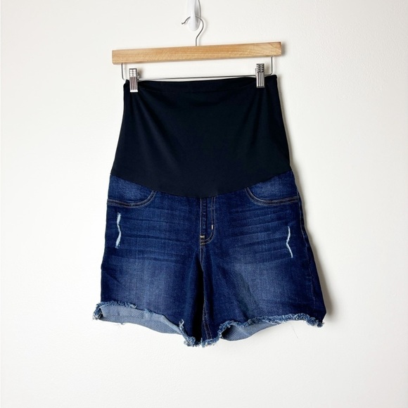 Just Black Pants - JUST BLACK • Women’s Dark Wash Distressed Cutoff Jean Full Belly Band Shorts